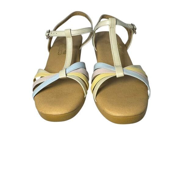 Vintage 70s Sandals YoYos Strappy Hippie Groovy Wedge Heel Pastel Leather 8.5 - Picture 2 of 16